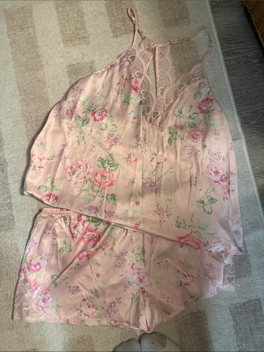 Satin Floral Lace-Trim Cami & Short Pajama Set - Pink